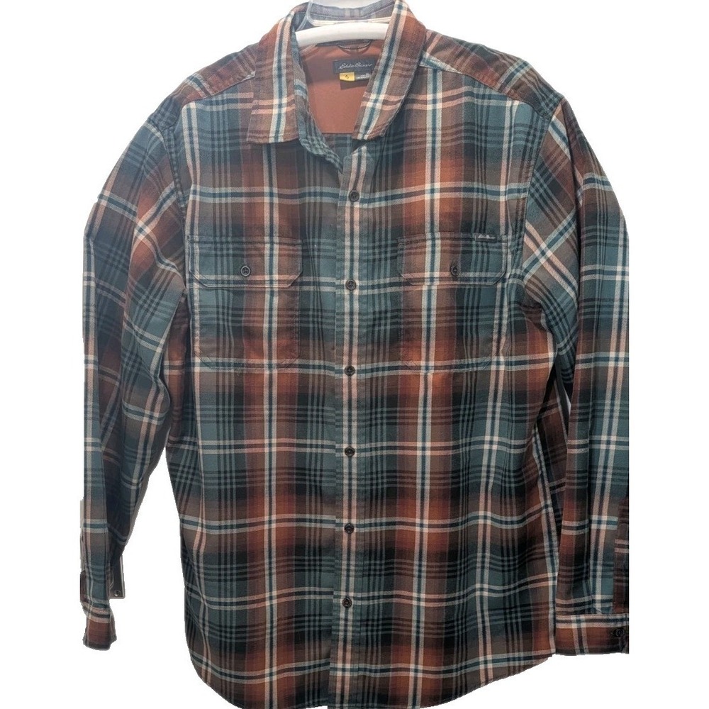 Eddie Bauer Mens Casual Button Down Shirt Size XL Orange Green Plaid Pocket